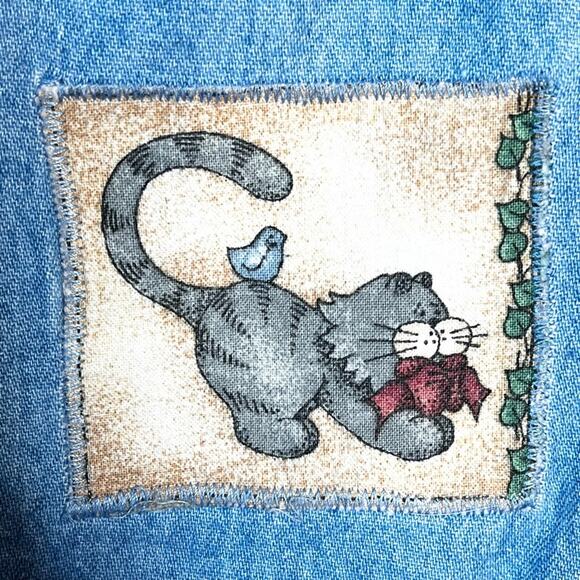 VINTAGE chambray down shirt with cat patches fits size XL crazy cat lady - Picture 8 of 10